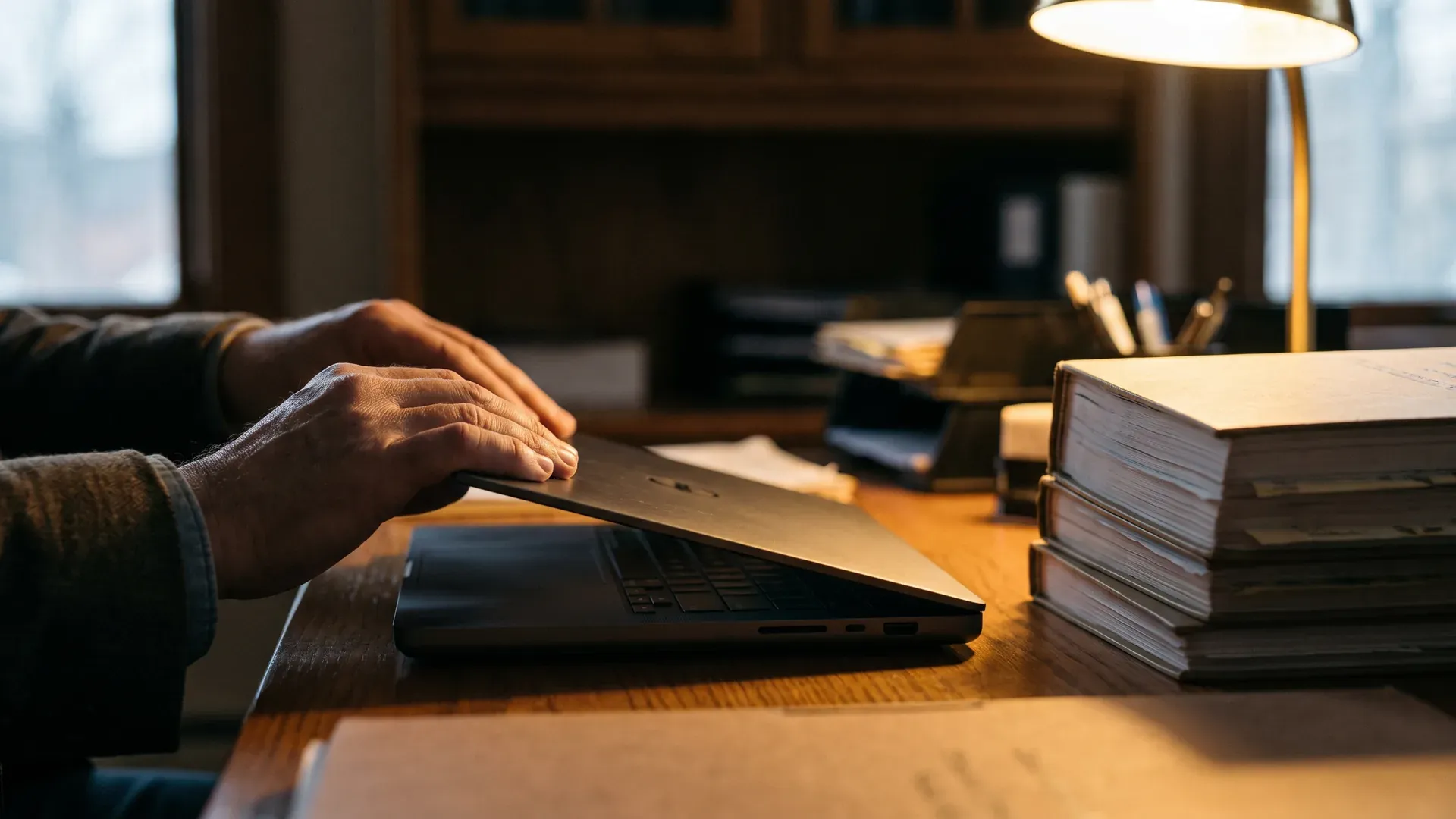 Handen sluiten een laptop op een bureau naast een stapel documenten, bij het licht van een bureaulamp.