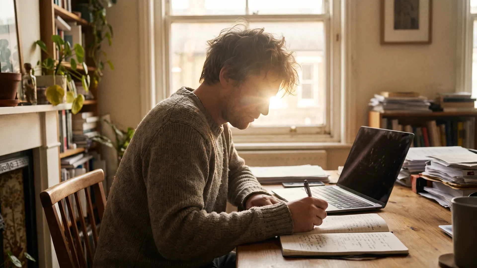 Iemand aan een bureau volgt een online sessie op een laptop en maakt aantekeningen, met tegenlicht van een raam.