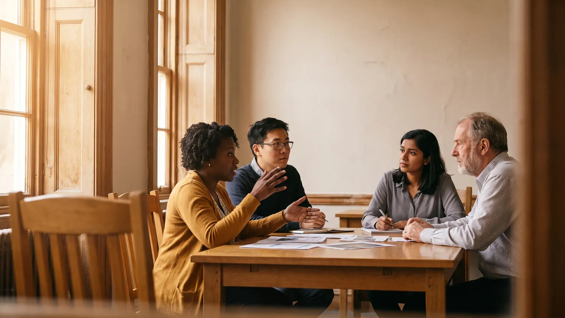 Vier onderzoekers bespreken rapporten aan een tafel in een seminarieruimte bij daglicht.