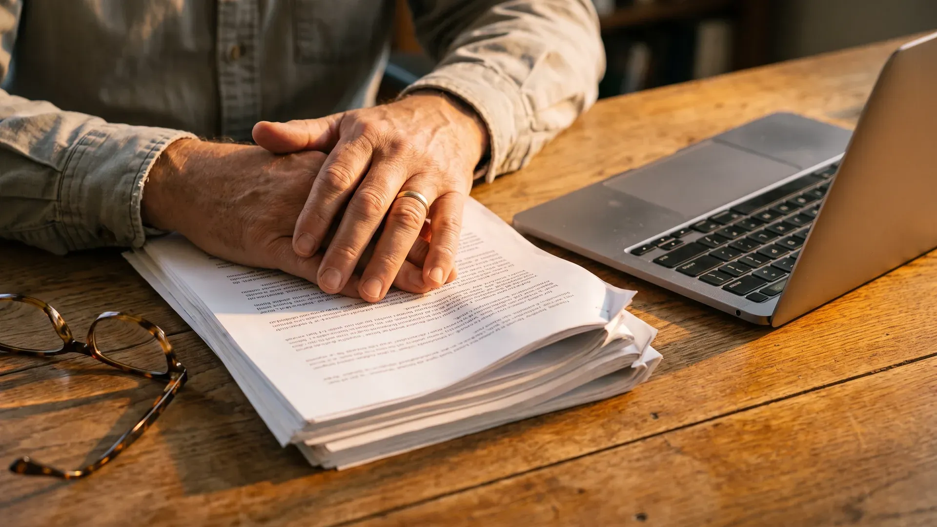 Handen rusten op een dik geprint document op een houten bureau, naast een halfdichte laptop en een leesbril.