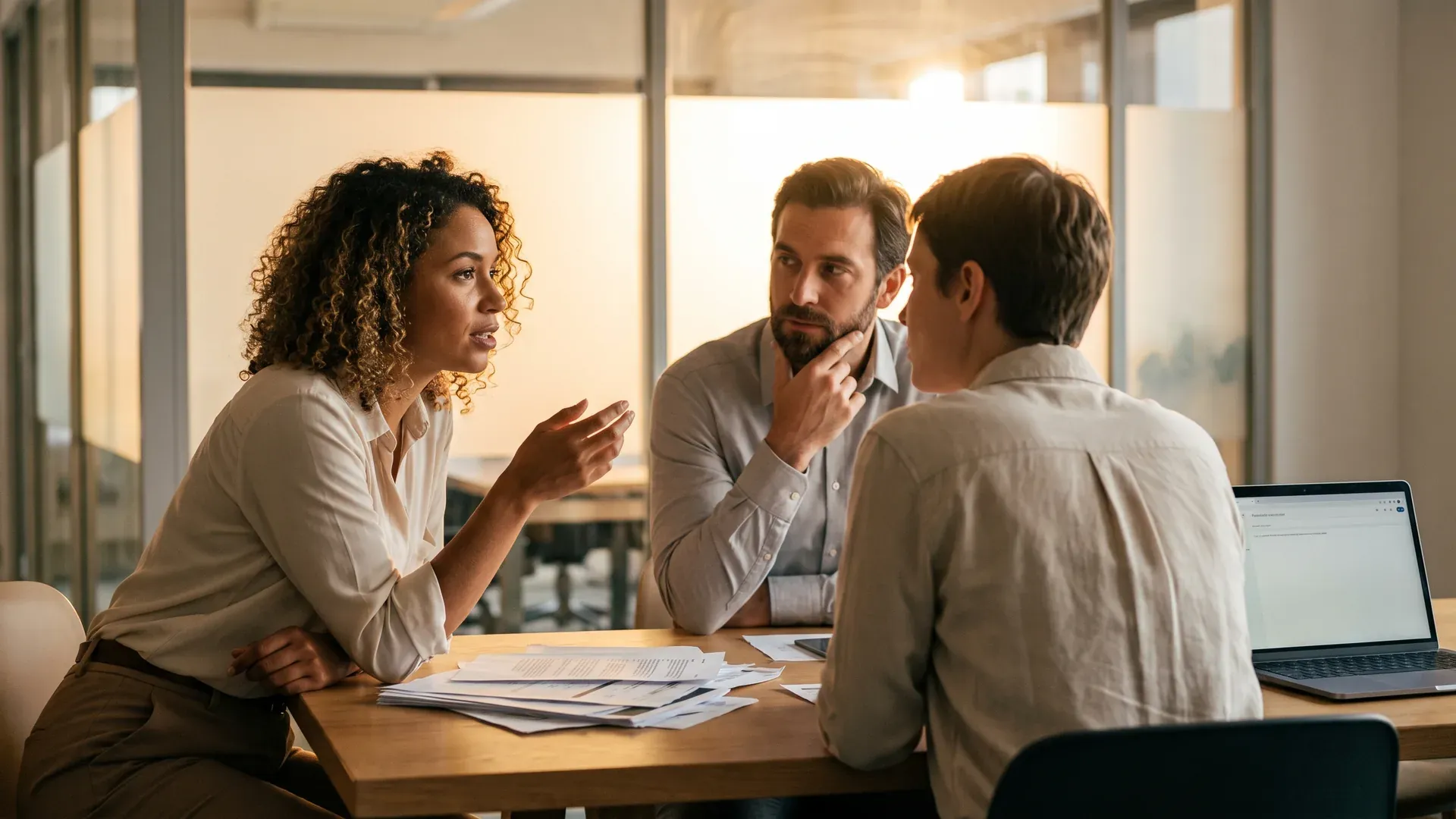 Drie collega's in gesprek aan een vergadertafel met geprinte stukken en een laptop, achter hen een glaswand.