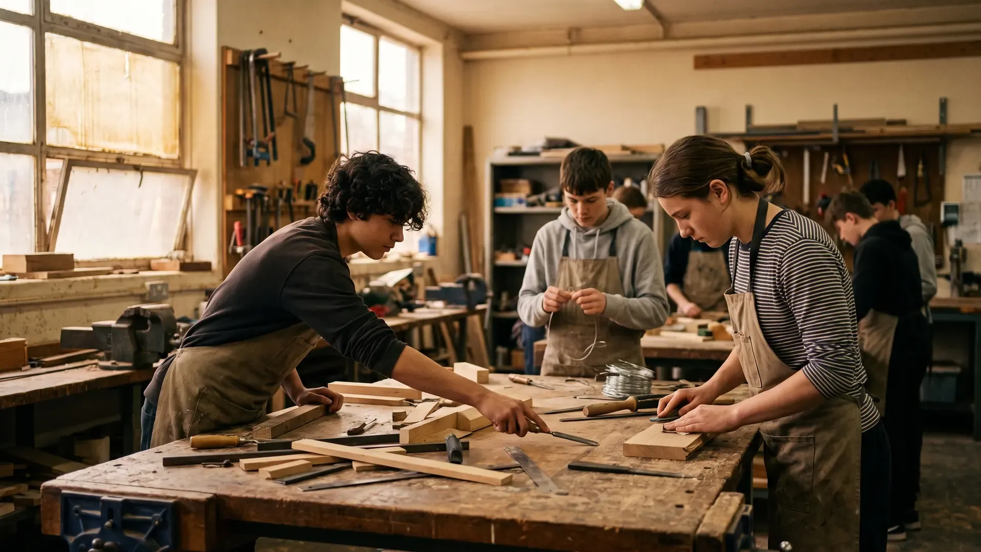 Drie leerlingen werken met materiaal aan een brede werktafel in een praktijklokaal.
